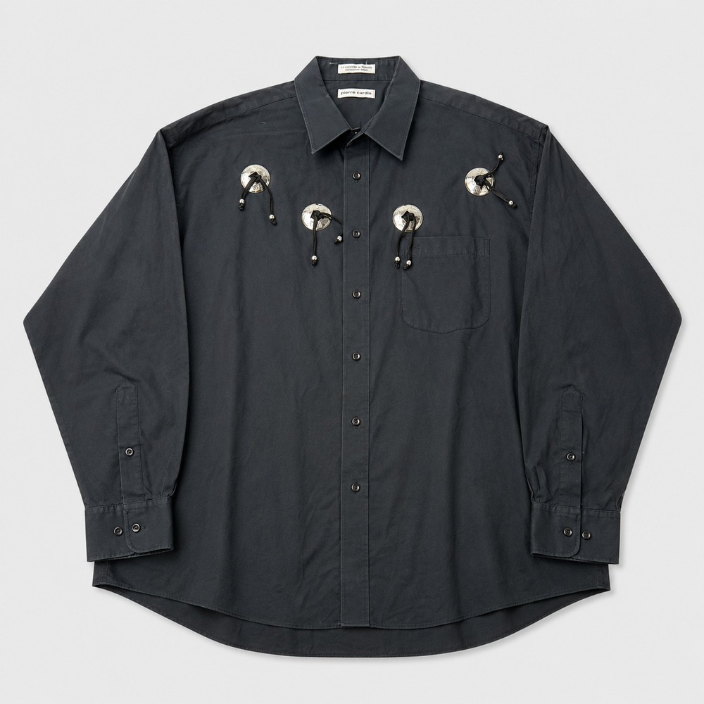 Vintage Pierre Cardin Shirt Mens 17.5 34/35 Black Western Concho Bolo 90s